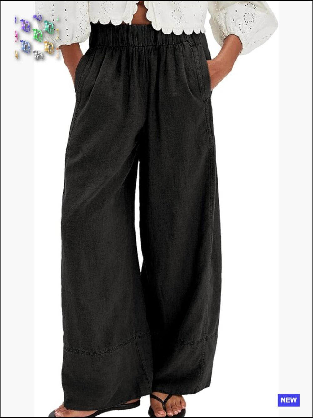 Wide Leg Elastic Waist Pants - Black